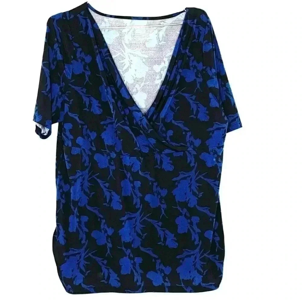 Lane Bryant Top Plus 18/20 Empire Waist Stretch Floral Surplice Blue & black - Picture 5 of 5